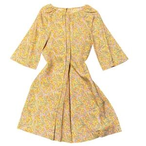 Vintage 70s Paisley Print Dress Yellow Orange Green Pink Mod Style Casual